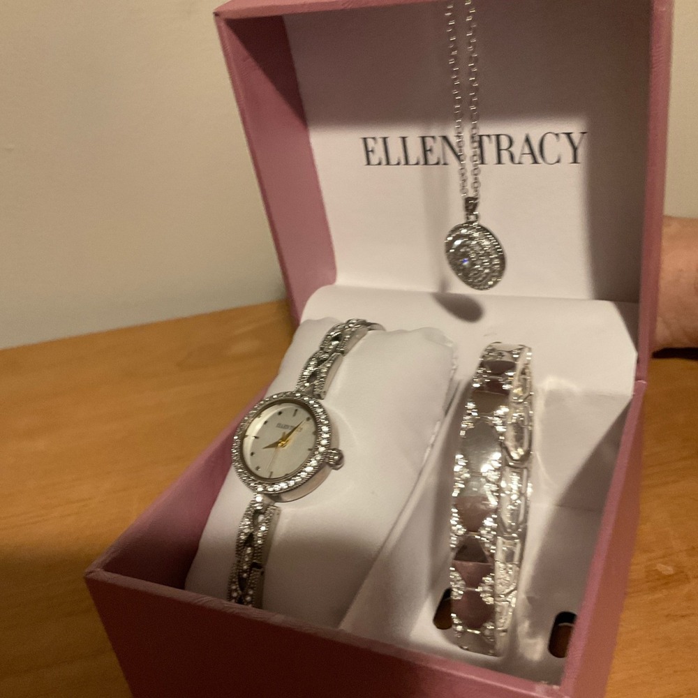 Ellen Tracy Womens Silver Tone Watch Bracelet Necklace 3pc Jewelry Set ETJ8193SL